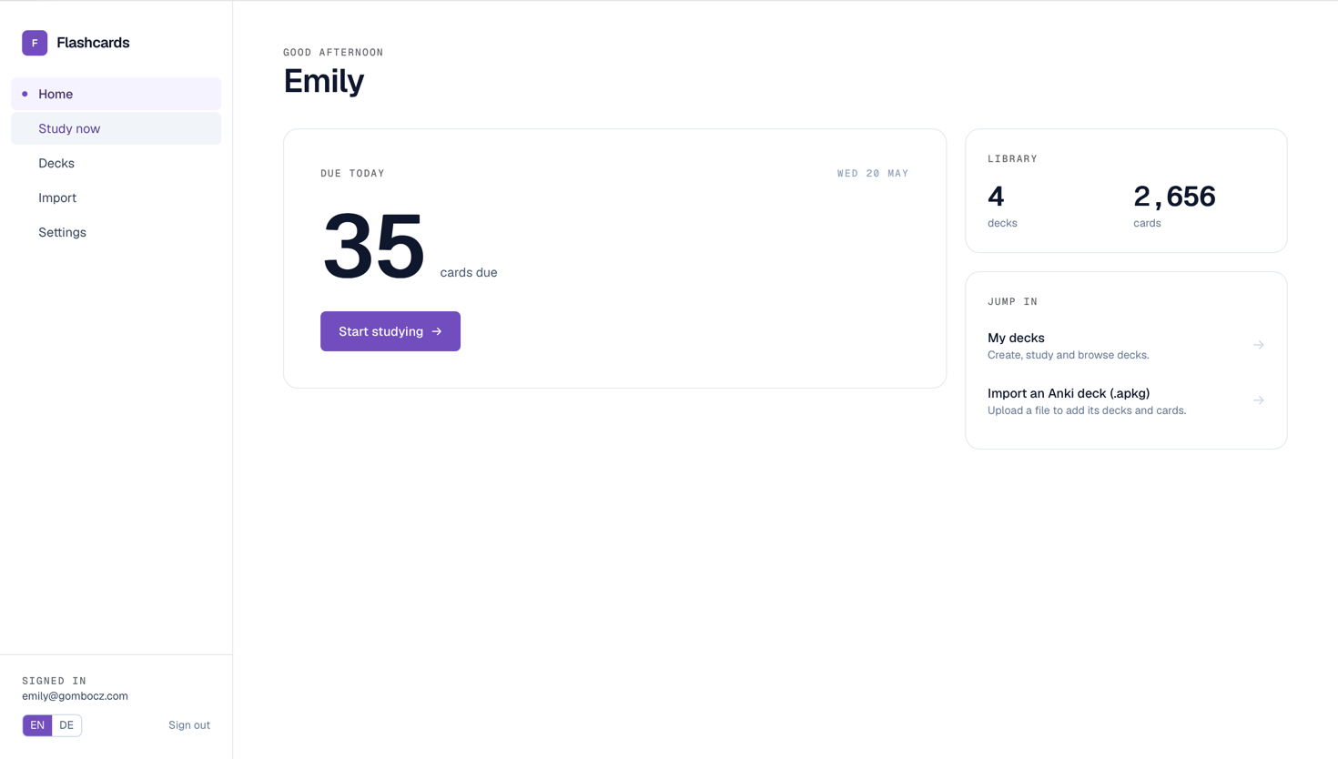 Flashcard tool landing page